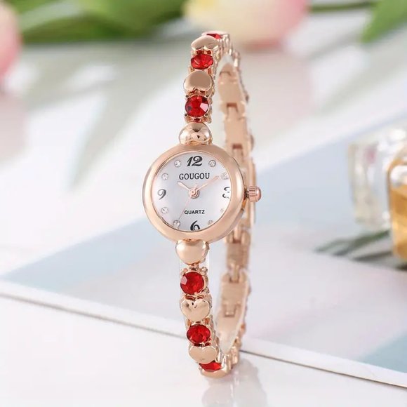 Red Sparkling Rhinestones and Heart Bracelet Ladies Quartz Watch - Picture 3 of 4